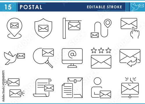 A set of line icons related to Postal. Mail, delivery, message, paper, letter, written, and so on. Vector editable stroke.