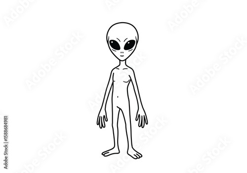 Alien drawing. It is a black and white outline image of a classic grey alien figure, depicting an extraterrestrial being with large eyes. Vector sketch line art draw.