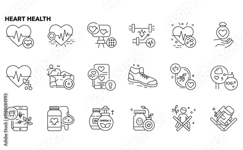 heartbeat, heart rate monitor, cardio workout, running shoe, healthy blood pressure, omega-3, green tea, and relaxation, 14 icons per white background artboard.