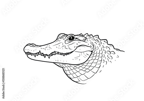 Alligator head drawing. It is a black and white outline image of an alligator's head, showcasing its distinct features and sharp teeth. Vector sketch line art draw.