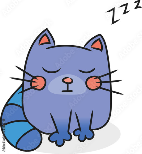 Cute cartoon vector illustration of a sleeping purple-blue cat with closed eyes, round pink cheeks, and a striped tail. A peaceful and adorable character perfect for sticker, or digital art project.