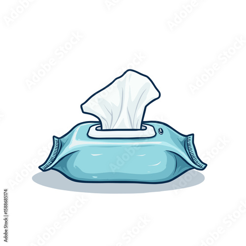 Wet wipes packaging with one sheet sticking out from the top, hand drawn illustration, no background.