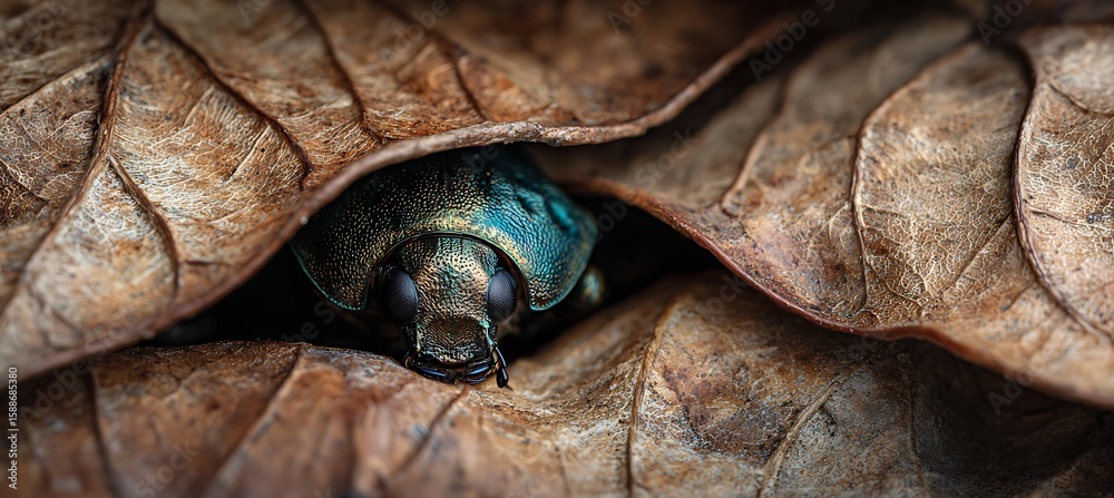 A beetle hiding under dry leaf layers A beetle hiding under dry leaf layers