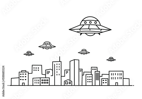 Alien invasion drawing. It is a black and white outline image depicting an alien invasion with multiple UFOs flying over a city skyline. Vector sketch line art draw.