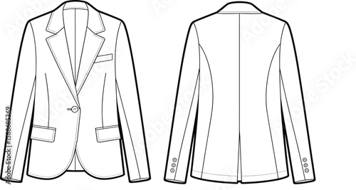 Blazer flat sketch front and back, tailored women’s jacket vector, fashion technical drawing, formal wear clothing template mockup