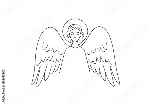 Angel ganev drawing. It is a black and white outline of an angel with large wings and a halo, portraying serenity and divine presence. Vector sketch line art draw.