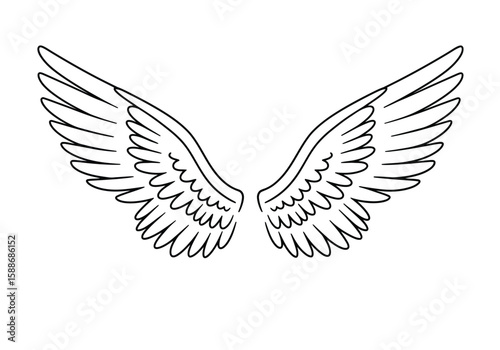 Angel wings drawing. It is a black and white outline image of a pair of angel wings, symbolizing flight, freedom, and divine grace. Vector sketch line art draw.