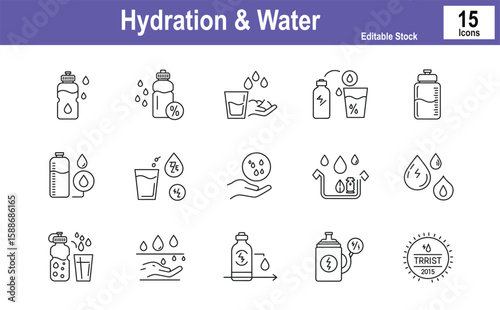 Hydration & Water Intake Icons A collection of 14 black and white vector icons related to hydration, including water bottle, glass of water, drinking reminder, sweat, electrolyte balance, and thirst i