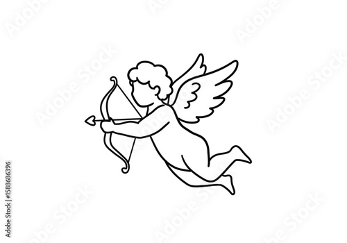 Cupid angel drawing. It is a black and white outline image of Cupid, the winged cherub of love, with a bow and arrow. Vector sketch line art draw.