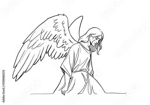 Drawing fallen angel. It is a black and white outline image of a fallen angel with large wings, head bowed in sorrow and grief. Vector sketch line art draw.