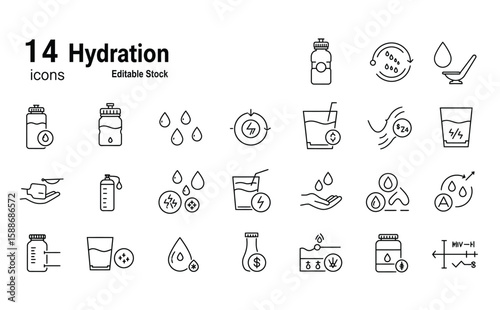 Hydration & Water Intake Icons, A collection of 14 black and white vector icons related to hydration, including water bottle
