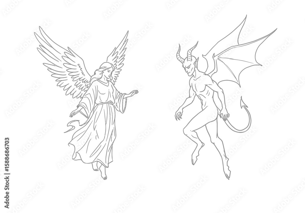 Obraz premium Angel demon drawing. It is a black and white outline image of an angel and a demon, illustrating the classic conflict between good and evil. Vector sketch line art draw.