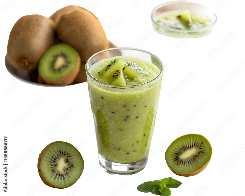 Fresh kiwi smoothie in a glass with whole and sliced kiwis and mint leaves isolated on a transparent background Fresh kiwi smoothie in a glass with whole and sliced kiwis and mint leaves isolated on a transparent background