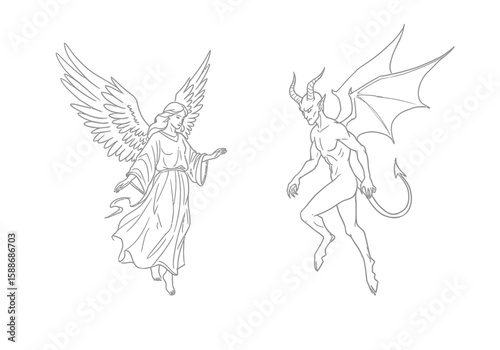 Angel demon drawing. It is a black and white outline image of an angel and a demon, illustrating the classic conflict between good and evil. Vector sketch line art draw.