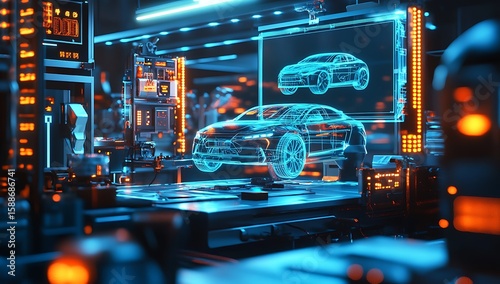Futuristic car workshop displays holographic wireframe models with glowing orange and blue lights image