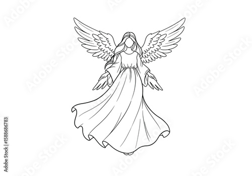 Angel dress drawing. It is a black and white outline of an angel in a flowing gown with large wings, embodying grace and divine purity. Vector sketch line art draw.