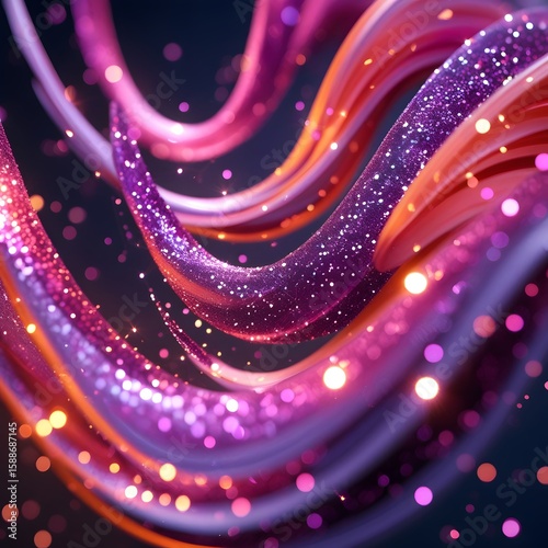Abstract swirls of pink, purple, and orange glitter dance across a dark background, sparkling with energy and motion. A vibrant, festive design ideal for glam, beauty, or celebration visuals.