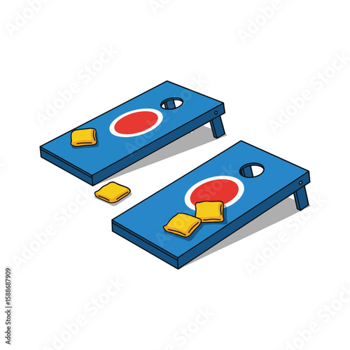 Two blue cornhole boards with yellow bean bags, ready for a game.