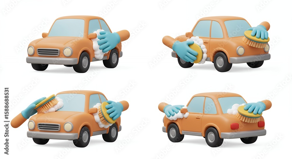 Naklejka premium Cartoon car wash illustration set