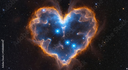 Heart shaped nebula with bright blue stars in deep space