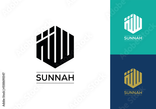 Geometric Logo Design for Islamic Brand with Hexagonal Symbol and Bold Typography, Presenting Variations in Color and Style