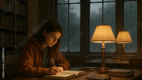 Young student writes in a notebook while studying in a cozy library during a rainy day