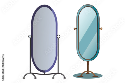 Pair of elegant standing mirrors, one with a dark frame and the other with a lighter frame, isolated on a white background