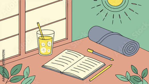 Illustration of a desk scene with a window, juice, notebook, and yoga mat on a sunny day setting the mood
