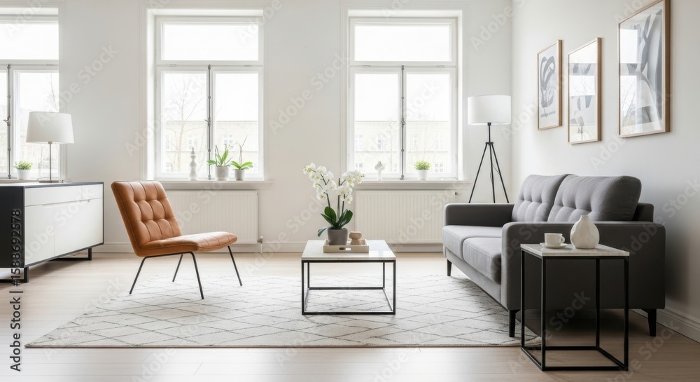 Fototapeta premium Modern living room with grey sofa and tan armchair