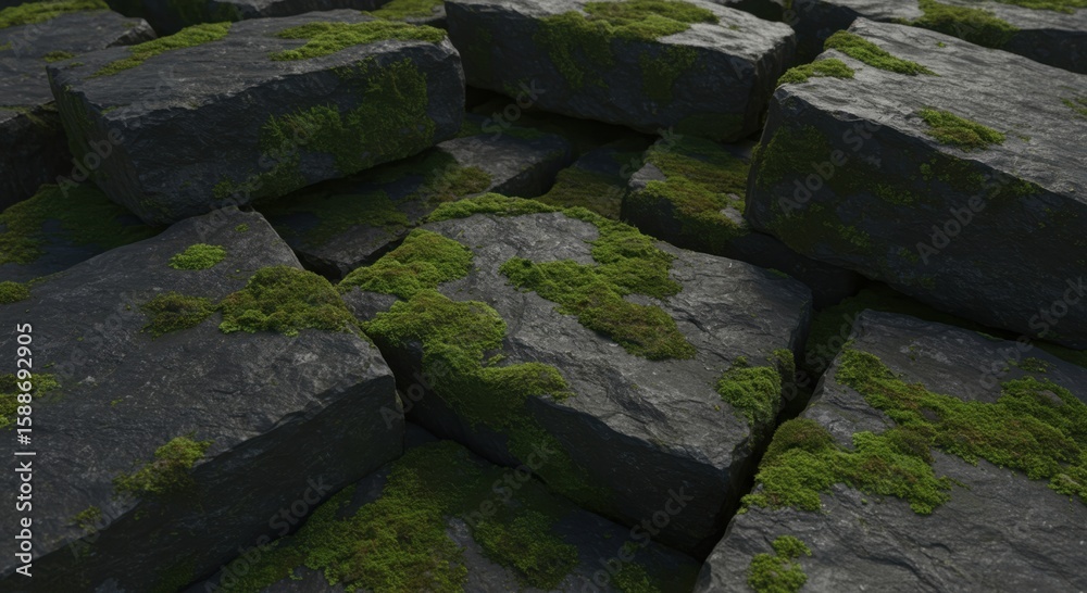 Close up of dark gray stone blocks covered with green moss in a natural setting Close up of dark gray stone blocks covered with green moss in a natural setting