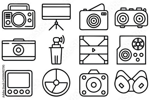 Minimalist line art icons depicting audio visual equipment and symbols technology