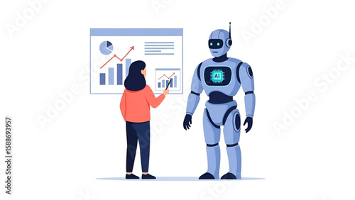 A businesswoman presents upward trending graphs to a sophisticated AI robot showcasing collaborative progress and future potential