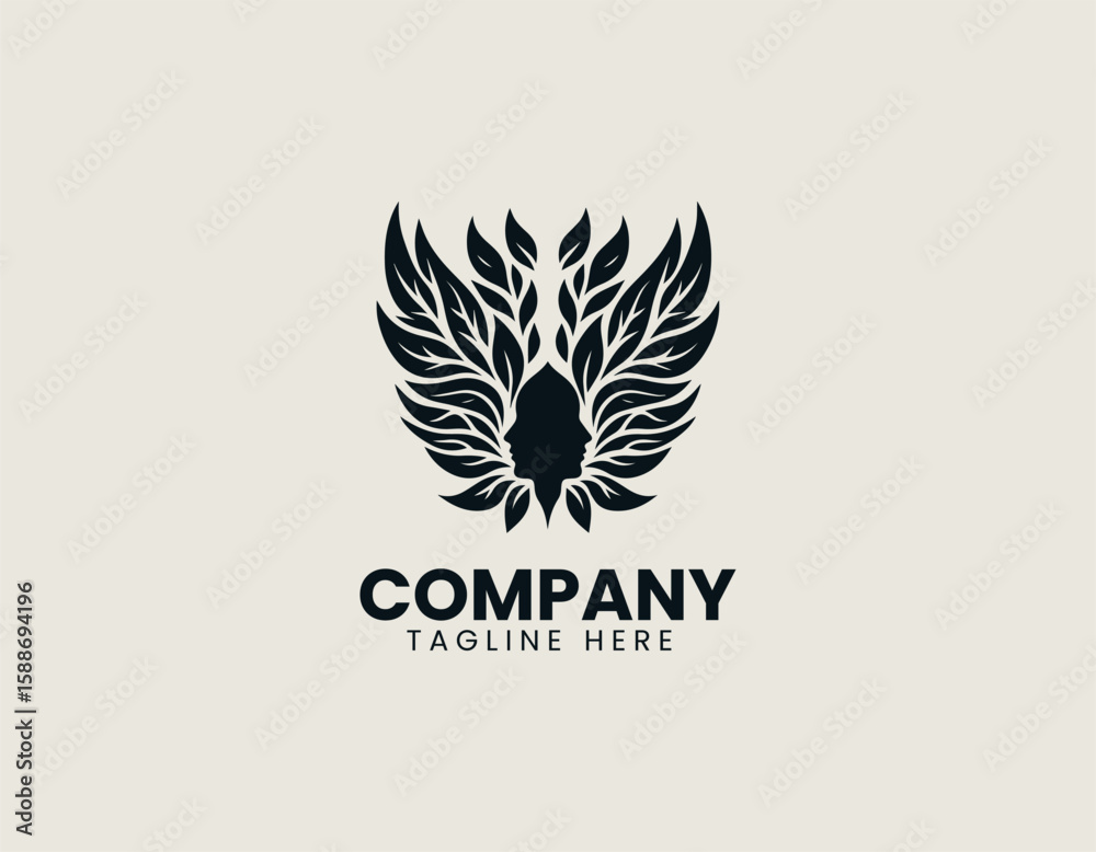 Obraz premium Elegant Female Face Leaf Wing Nature Beauty Wellness Vector Logo Design