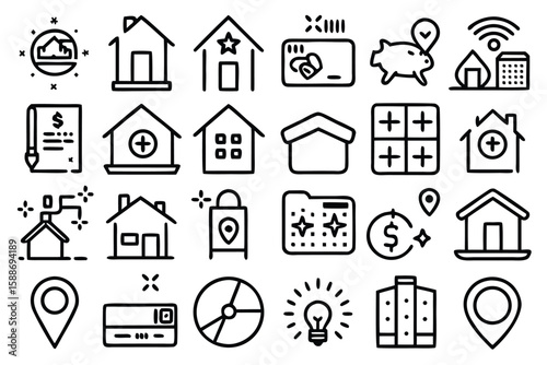Minimalist line icons representing houses finance and technology house icons finance icons