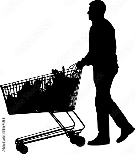 Man Grocery Shopping with Cart Silhouette
