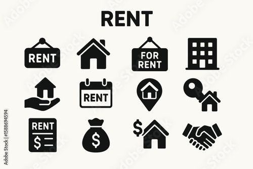 Rent Solid Icon Set: Real Estate, Rental, and Home Ownership Symbols