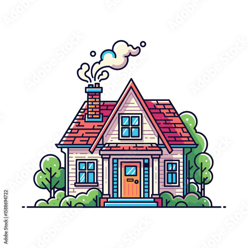 Charming illustration of a cozy house with a red roof, smoking chimney, and surrounded by lush green trees and bushes.