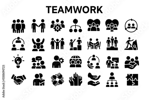 Teamwork Solid Icon Set: Collaboration, Unity, and Business Symbols
