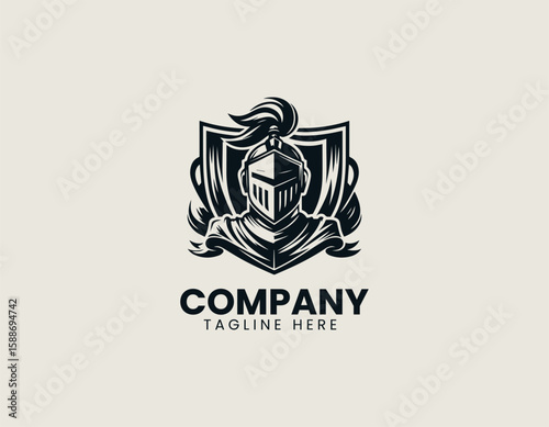 Valiant Knight Helmet Flag Medieval Warrior Strength Vector Logo Design