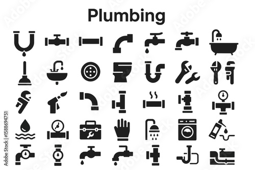 Plumbing Solid Icon Set: Home Repair, Water Systems, and Maintenance Symbols