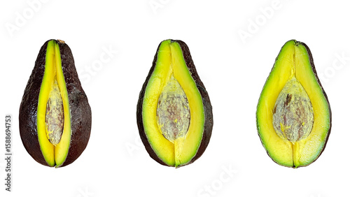 Avocado cut, golden flesh on transparent background. Fresh tropical fruits 