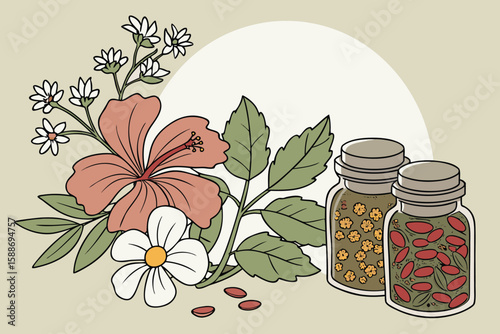 Illustration of flowers and herbs with bottles containing dried ingredients in a light setting