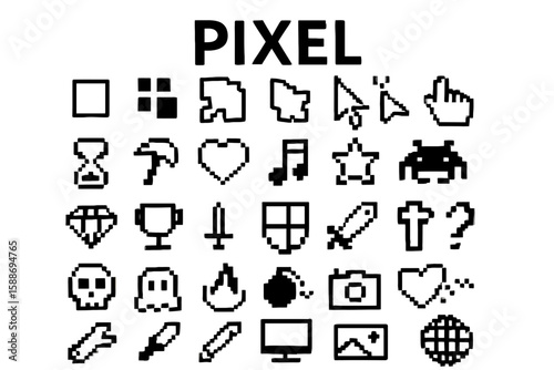Pixel Solid Icon Set: Digital Art, Technology, and Retro Gaming Symbols