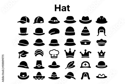 Hat Solid Icon Set: Fashion, Headwear, and Apparel Symbols