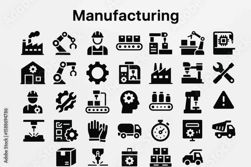 Manufacturing Solid Icon Set: Industry, Production, and Factory Symbols