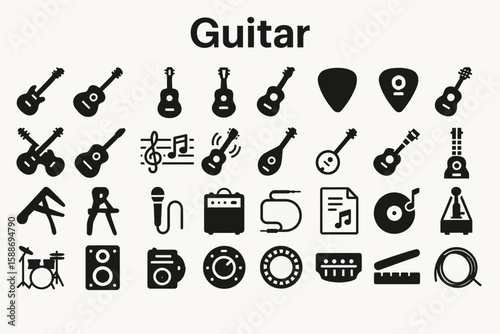 Guitar Solid Icon Set: Music, Instrument, and Rock and Roll Symbols