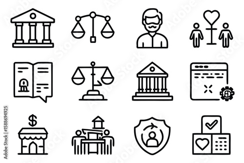 Social icons representing legal justice and personal relationships scales courthouse