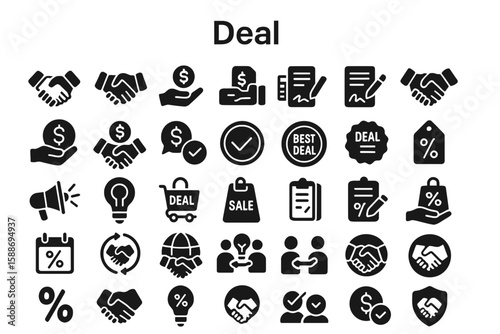 Deal & Partnership Solid Icon Set: Business, Agreement, and Handshake Symbols
