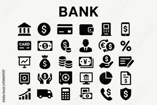Bank & Finance Solid Icon Set: Banking, Money, and Financial Services