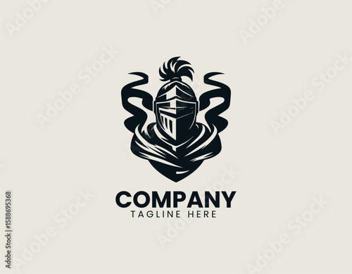 Valiant Knight Helmet Flag Medieval Warrior Strength Vector Logo Design